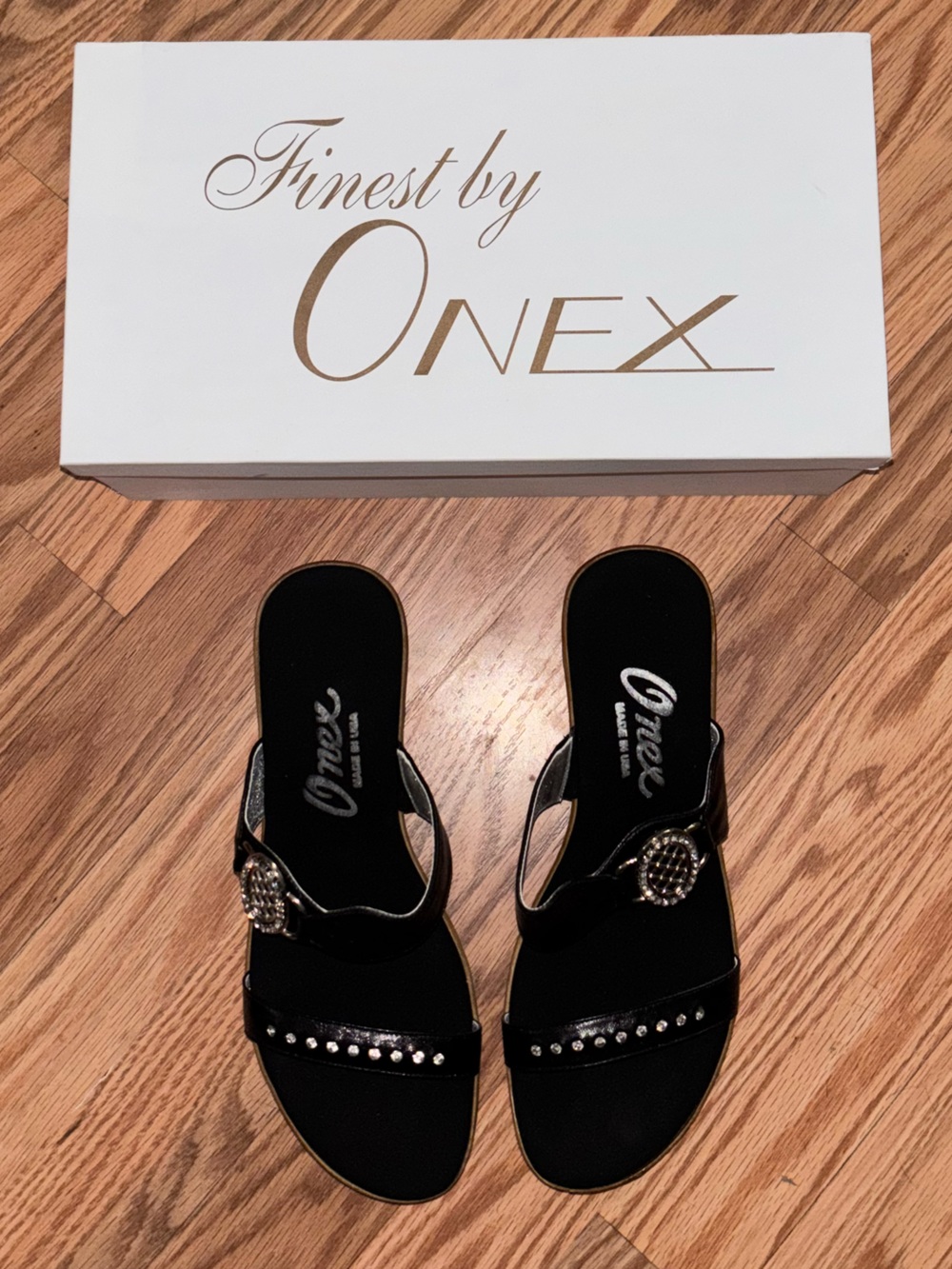 Onex Black Rhinestone Buckle Slide Mules